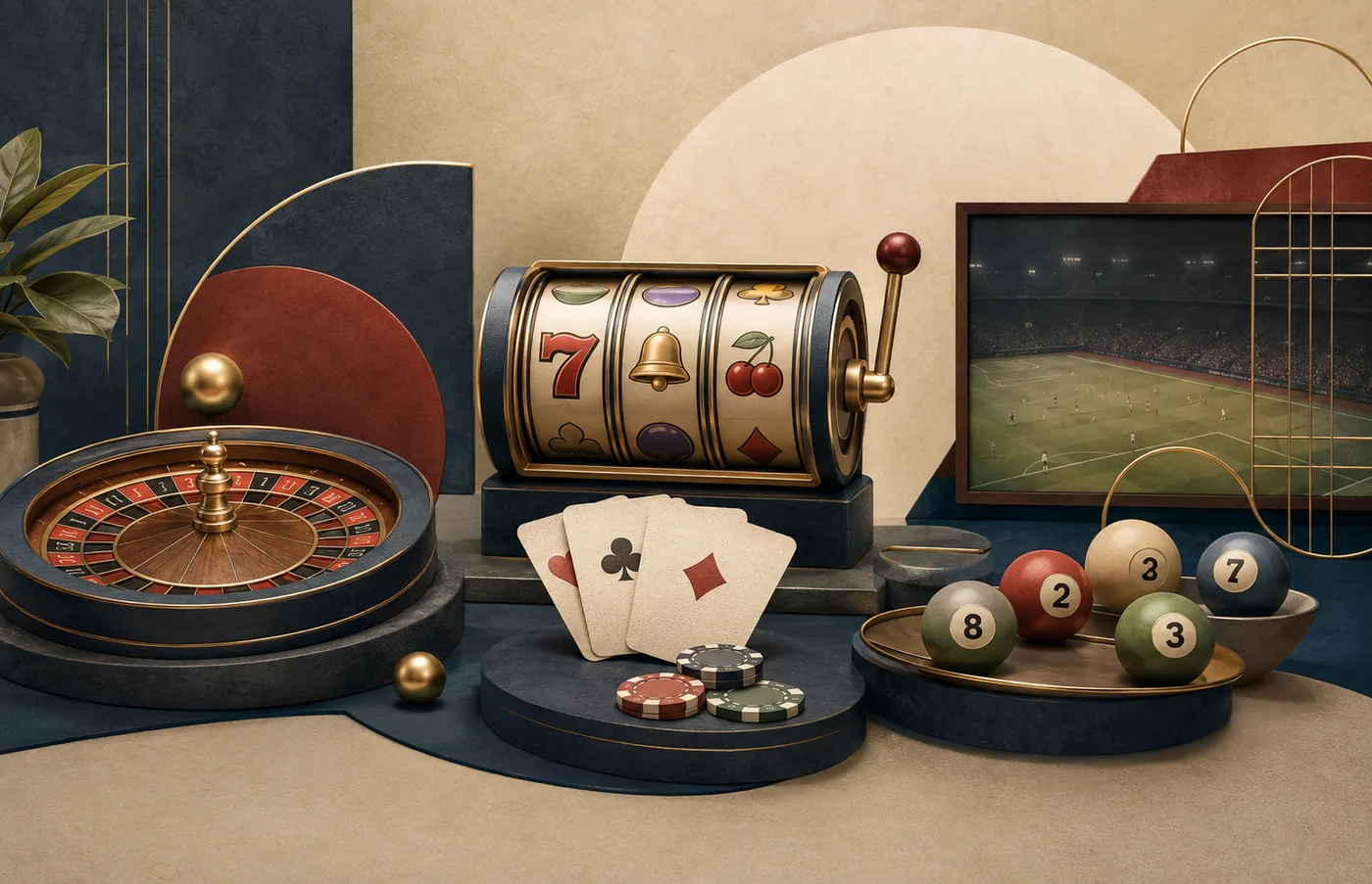 Ilustrasi kategori slot, meja kasino, togel, dan olahraga